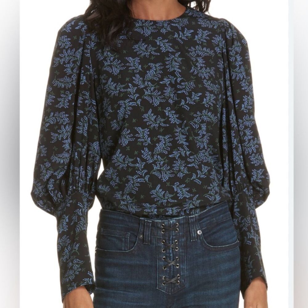 Veronica Beard Clarke Puff Sleeve Stretch Poplin Top Black Blue Floral Silk 6